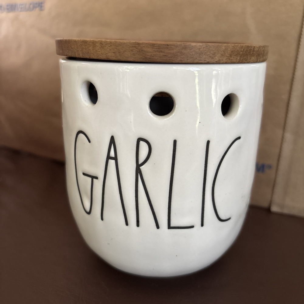 Rae Dunn by Magenta Garlic Cellar with Wooden Lid Kitchen Storage